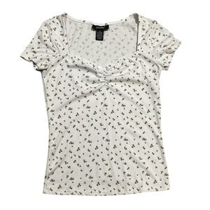 White Ditsy Floral Print Top Juniors M Sweetheart Neckline Ruching Dainty